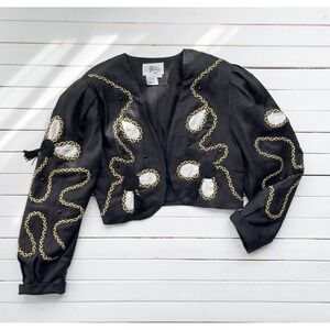vtg Gloria Michaels black gold cropped embroidered tassel fringe jacket size M